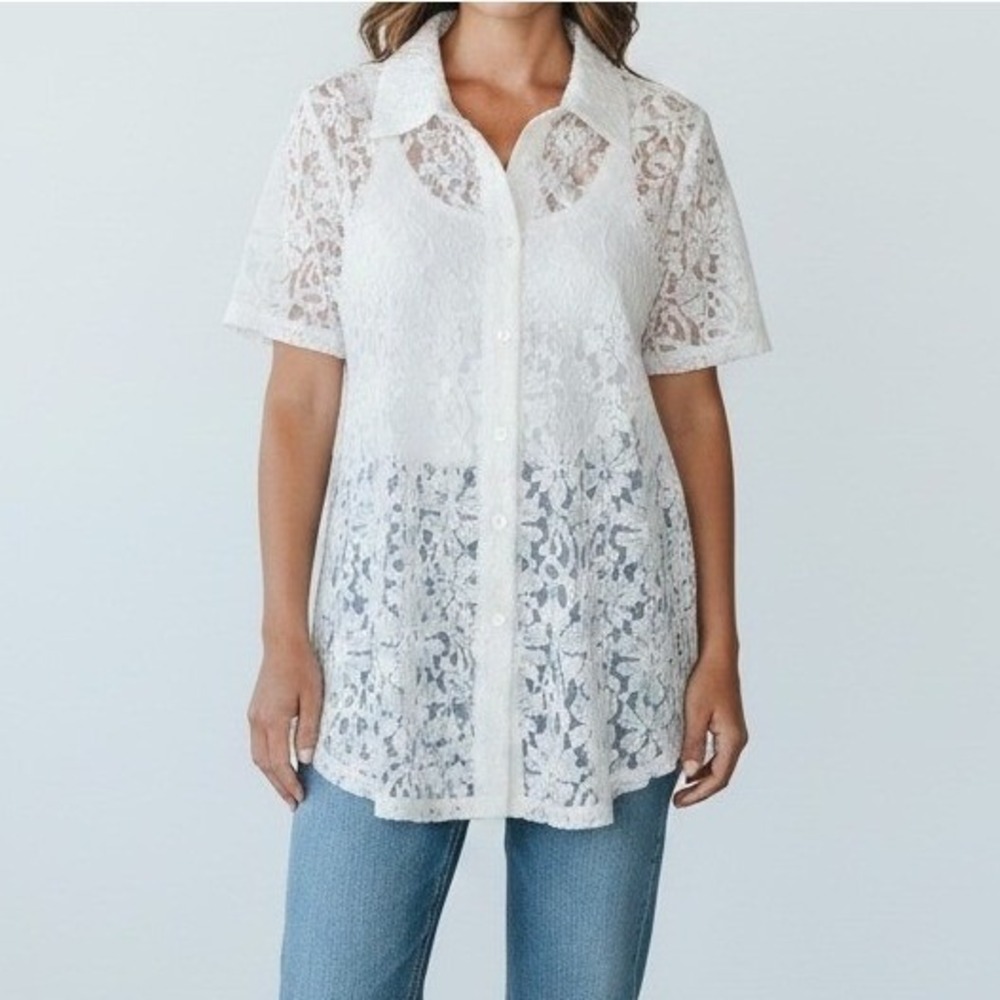 Vintage Lace Button Up Shirt 18/20 White Long Cottage Coquette Feminine Romantic